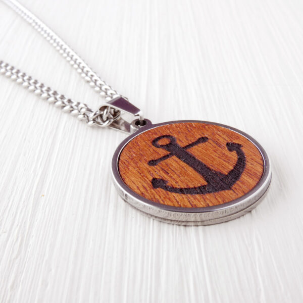 Nautical wooden anchor necklace with stainless steel setting