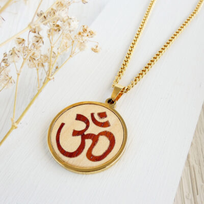 Om necklace for women handmade with natural wood in gold-plated finish