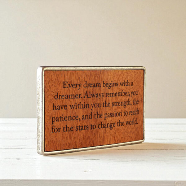 Personalized wooden belt buckle shown alone, custom engraved with your words.