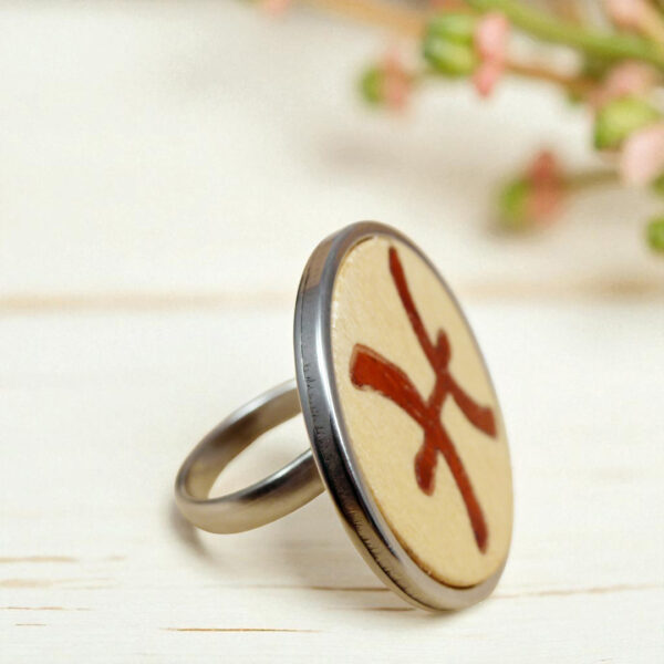 Pisces zodiac ring with wooden inlay and stainless steel adjustable band
