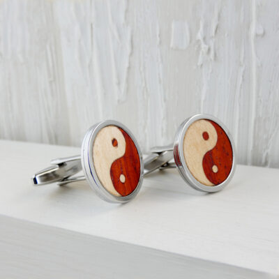 Wooden Yin Yang cufflinks handmade with red padauk and sycamore