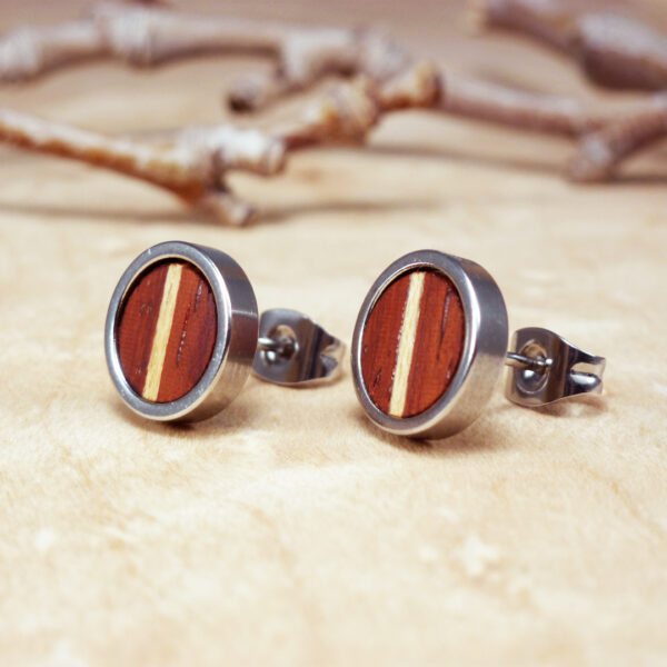 Round wood earrings handcrafted from padauk wood with sycamore inlay and stainless steel