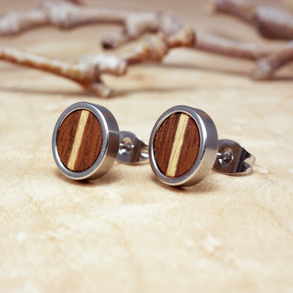 Round wood earrings made of walnut wood with sycamore inlay and stainless steel