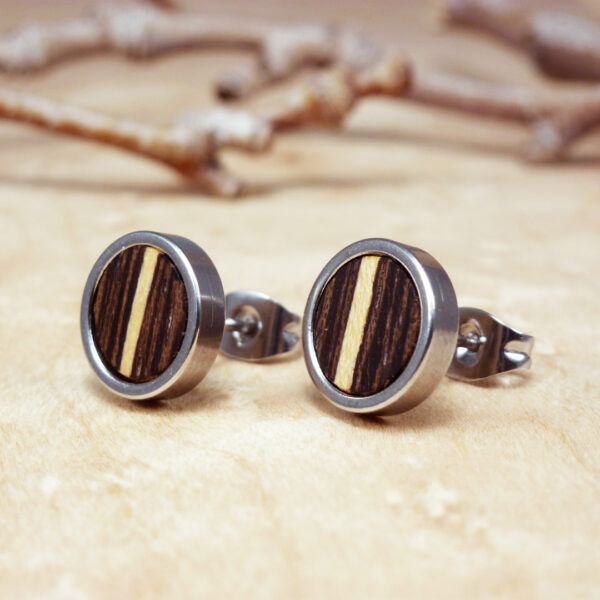 Round wood earrings made from wenge wood with sycamore inlay and stainless steel base