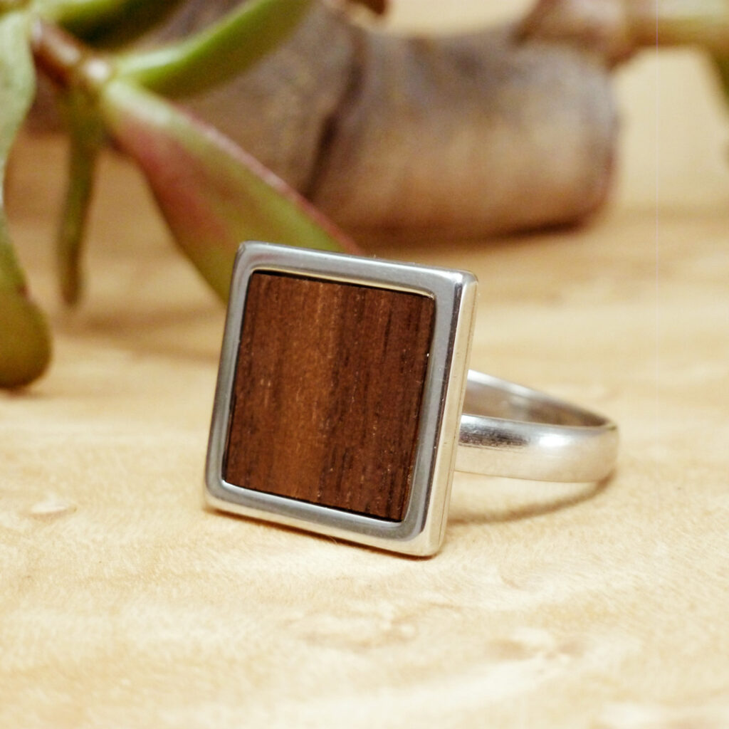 Stainless Steel Square Ring with Wood Inlay - My Wooden Jewelry