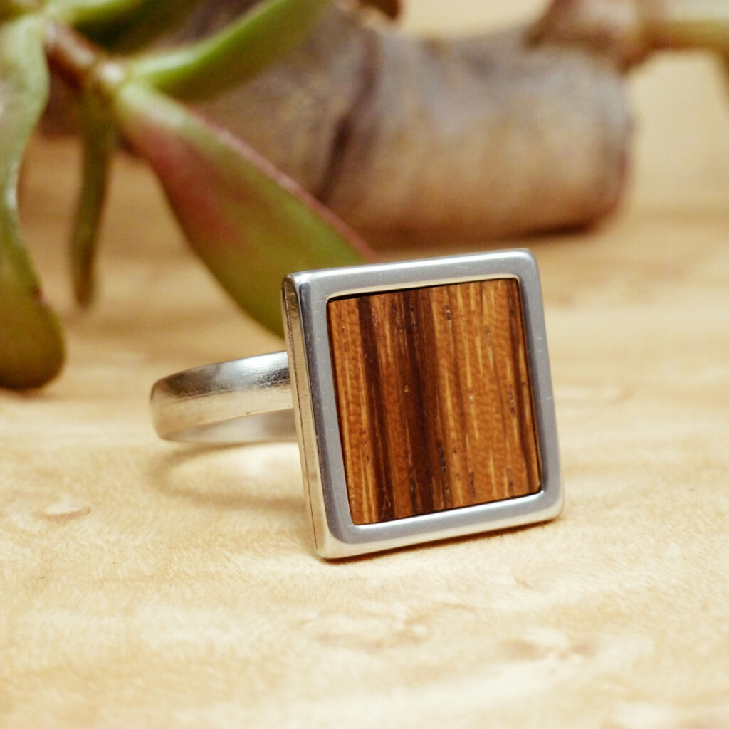 Zebrano square ring with stainless steel bezel – modern handmade design