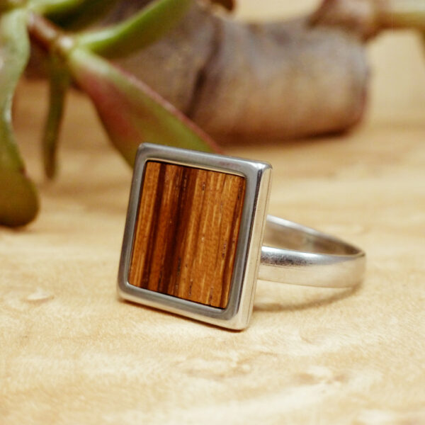 Stainless Steel Square Ring with Wood Inlay - My Wooden Jewelry