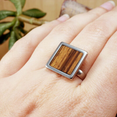 Zebrano wood square ring – handmade geometric ring for women