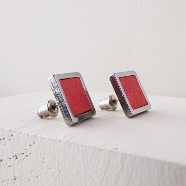 Red dyed square wood earrings with stainless steel posts – minimalist handmade jewelry