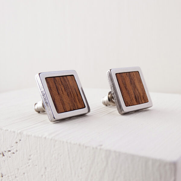 Square wood earrings made of natural walnut wood