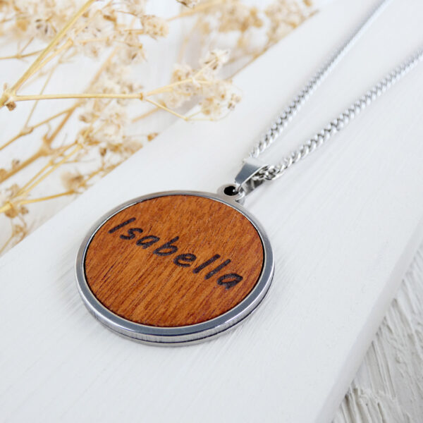 Stainless steel custom necklace with engraved wooden pendant