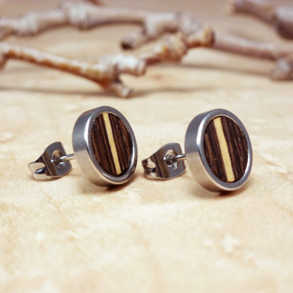 Stainless steel earrings with wenge wood and sycamore inlay