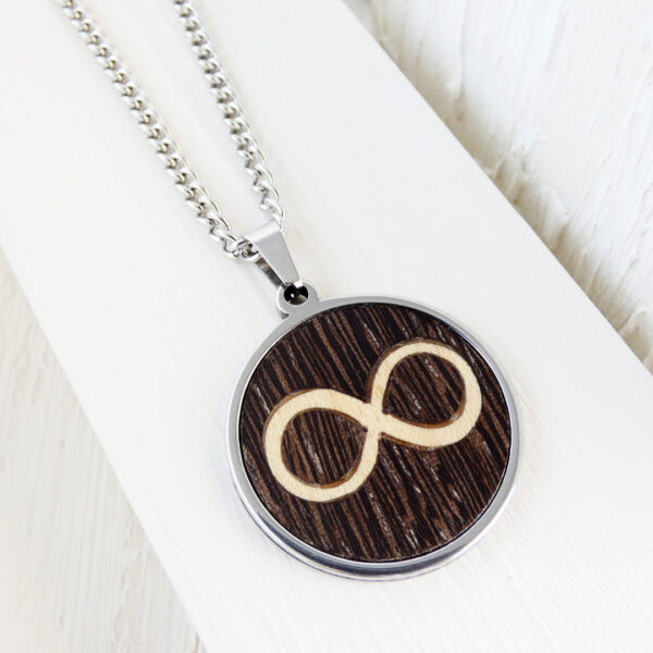 Stainless steel infinity necklace with wenge and sycamore wood