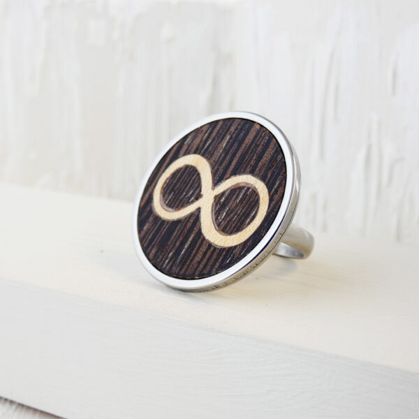 Stainless steel infinity ring with wenge and sycamore wood inlay