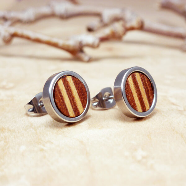 Striped ukola wood earrings with stainless steel base and hand-sanded finish