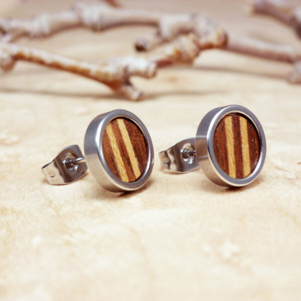 Ukola wood earrings with sycamore inlay, handcrafted and lightweight