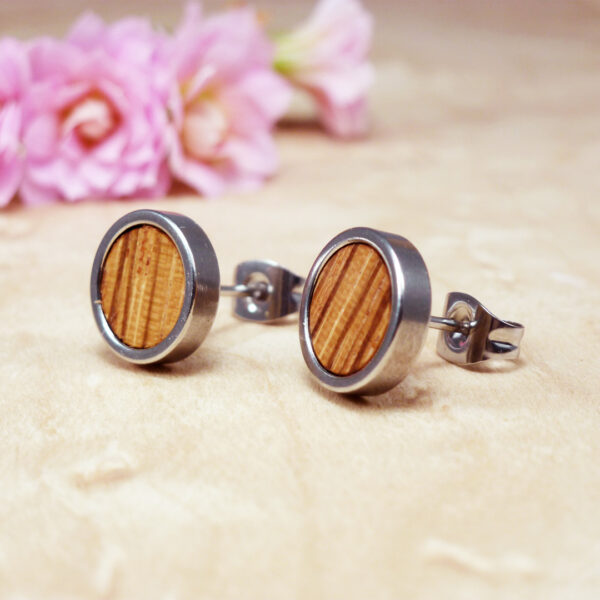 Striped wood earrings made with zebrano and stainless steel