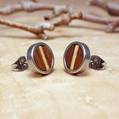 Stud earrings crafted from walnut wood with sycamore inlay and stainless steel