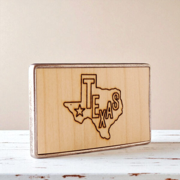 Handmade wood buckle with engraved Texas map