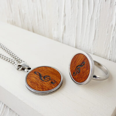 Treble clef necklace and ring made from natural wood and steel
