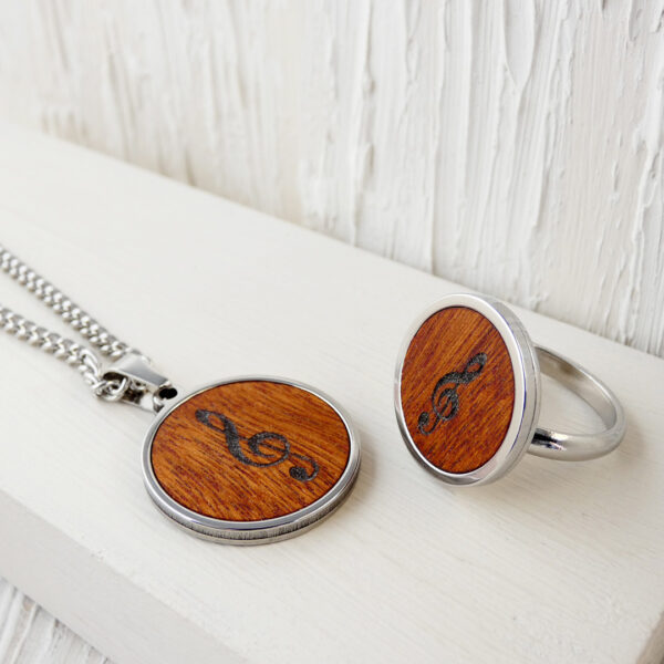 Treble clef necklace and ring made from natural wood and steel
