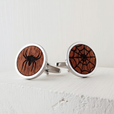 Unique wooden cufflinks with spider and web engravings on stainless steel