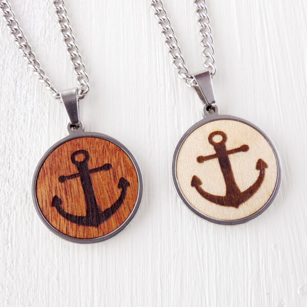 Unisex wooden anchor necklace with engraved design