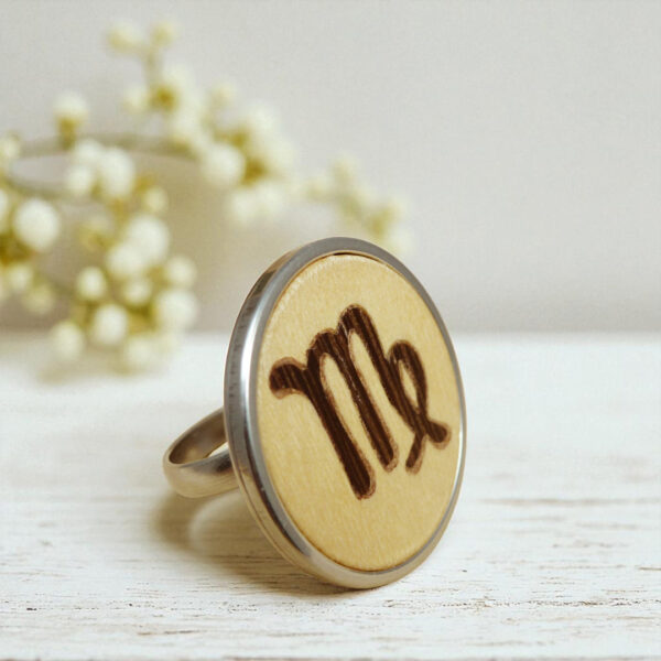Virgo birth sign ring with wood and stainless steel components