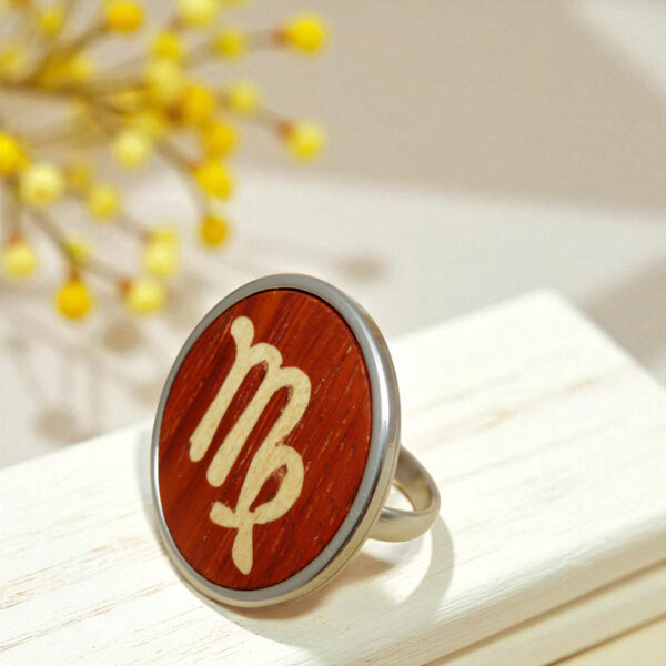 Virgo horoscope ring with wooden zodiac symbol and metal setting