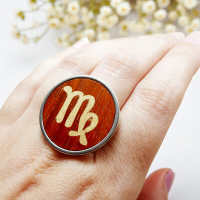 Virgo sign ring with wooden marquetry zodiac symbol