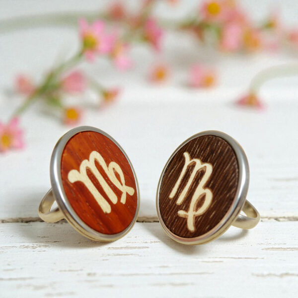 Virgo zodiac gift ring in natural wood and polished steel