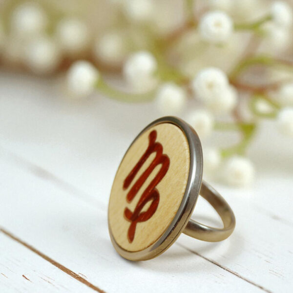 Virgo zodiac jewelry ring with wooden detail and adjustable band