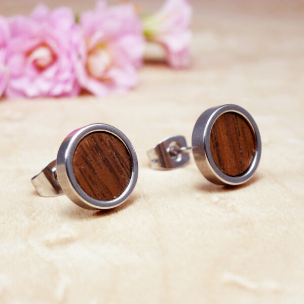 Handcrafted walnut stud earrings with stainless steel base