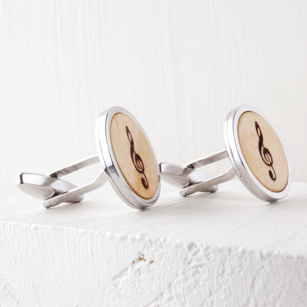 Sycamore wedding cufflinks with engraved treble clef