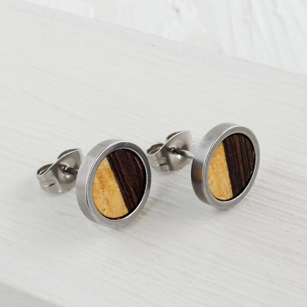 Cool stud earrings with contrasting woods: dark wenge and yellow citron