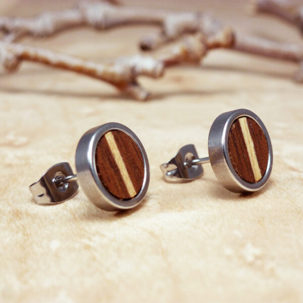 Wood earrings made of walnut with a sycamore inlay and stainless steel setting