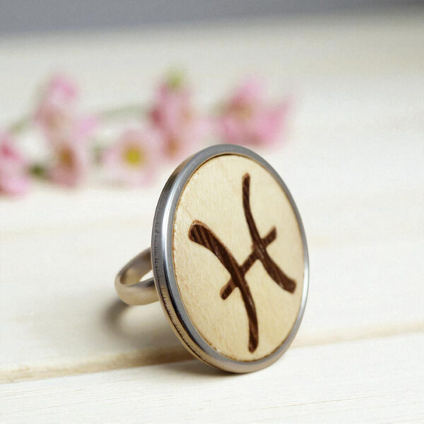 Pisces sign ring with wood and stainless steel combination