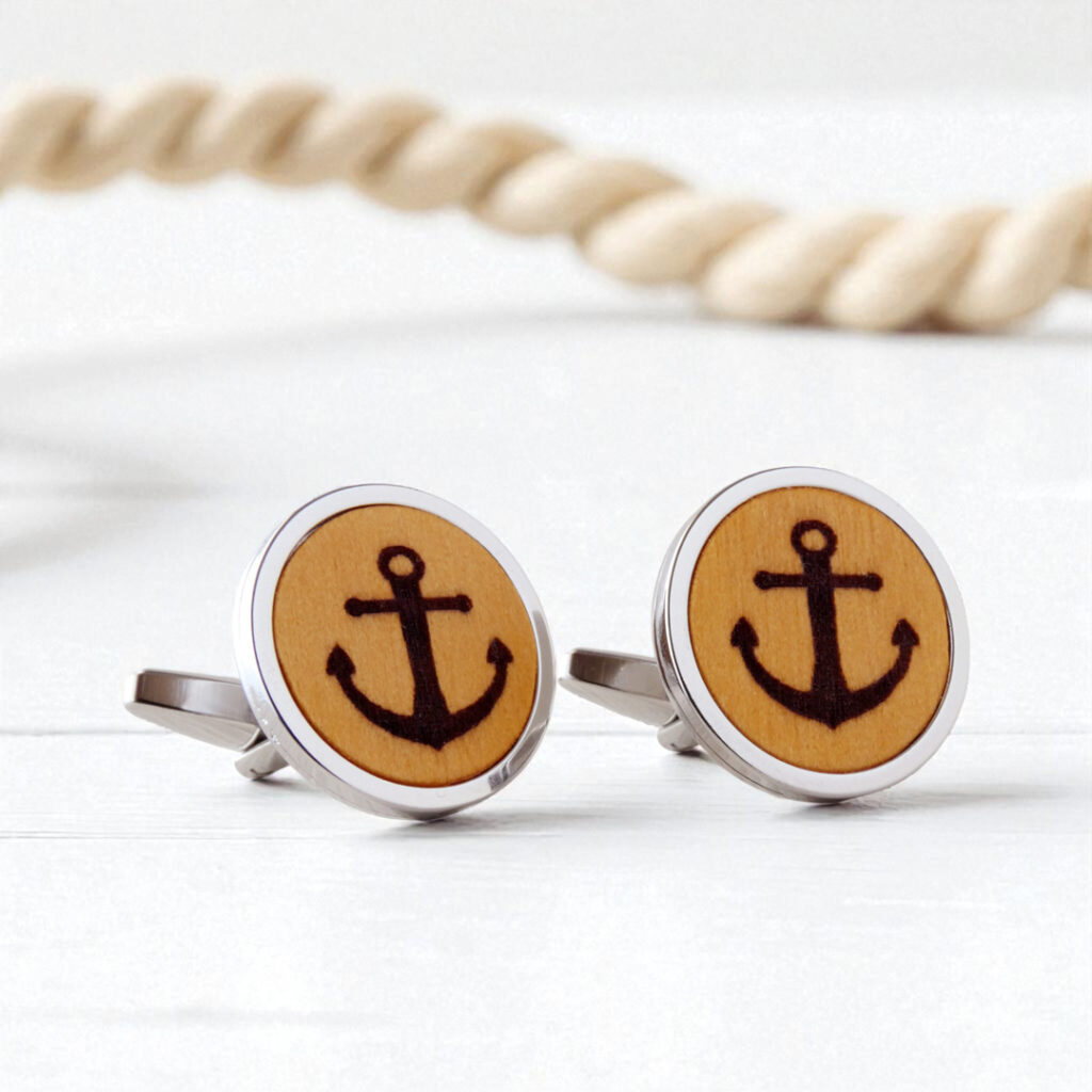 Wooden anchor cufflinks with engraved anchor detail and stainless steel base