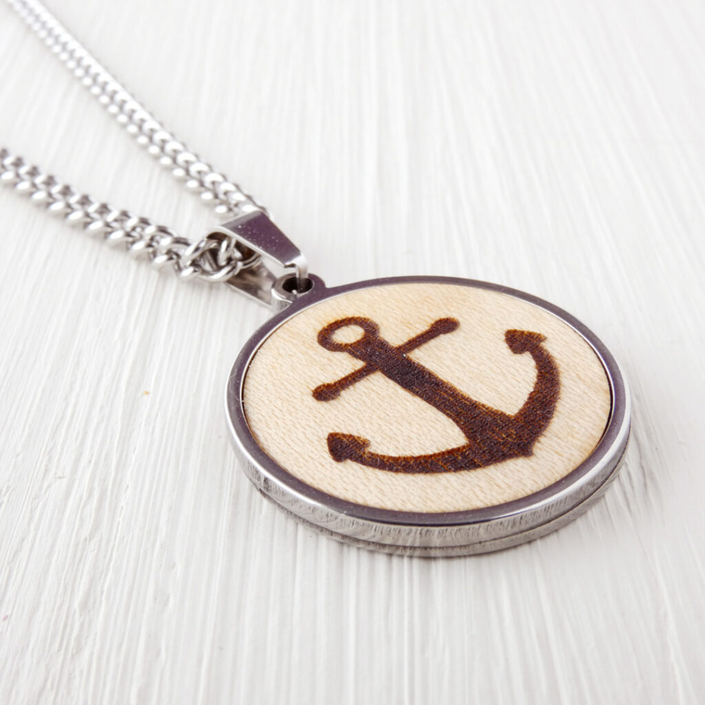 Wooden anchor necklace with engraved design in stainless steel