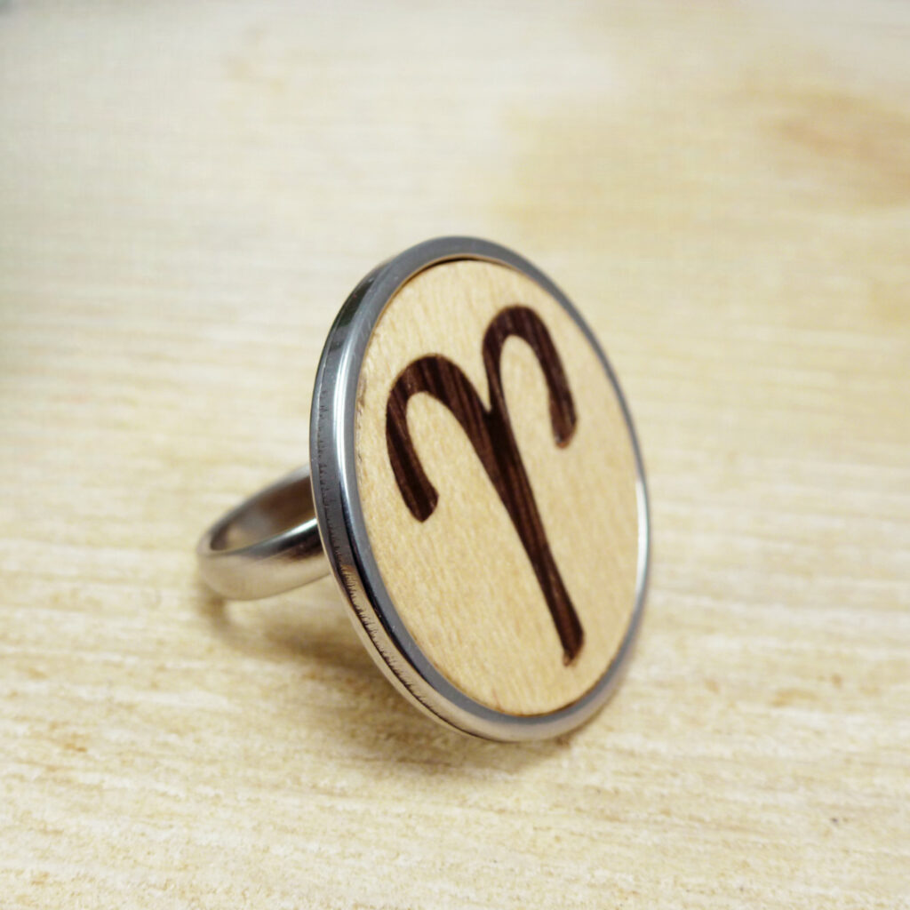 Wooden Aries ring handmade with natural wood inlay and stainless steel base