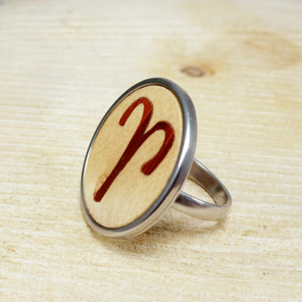 Wooden astrology ring with Aries marquetry design and stainless steel band