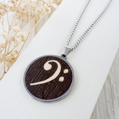 Wooden bass clef necklace with stainless steel chain and handcrafted wood inlay