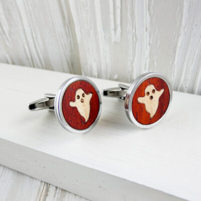 Wooden cute ghost cufflinks with marquetry and stainless steel base