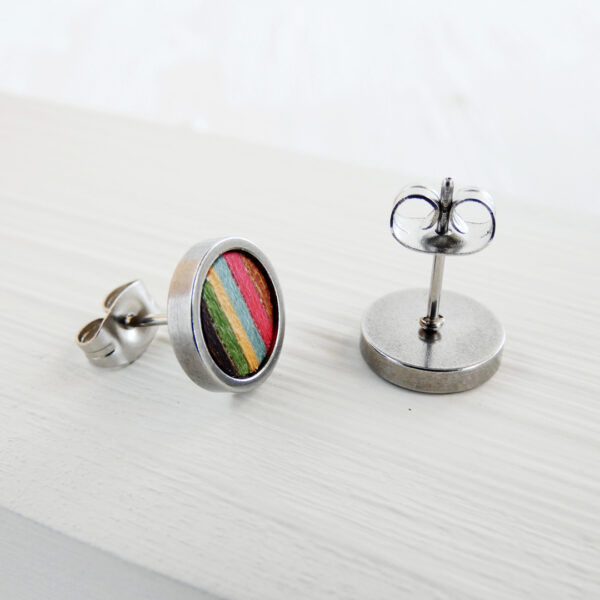 Wooden earrings for men made from colorful natural wood strips