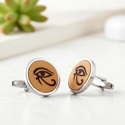 Wooden eye of horus cufflinks with a finely engraved symbol on a durable stainless steel base