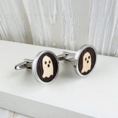 Wooden face ghost cufflinks with sycamore ghost in marquetry and stainless steel backs
