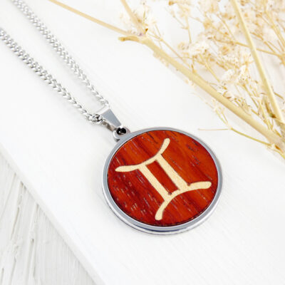 Gemini symbol necklace handmade in red padauk wood