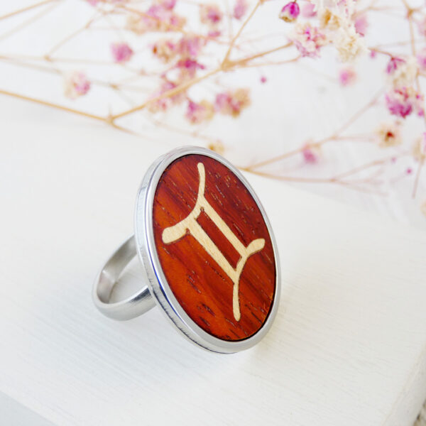 Handmade wooden Gemini ring in padauk wood and stainless steel
