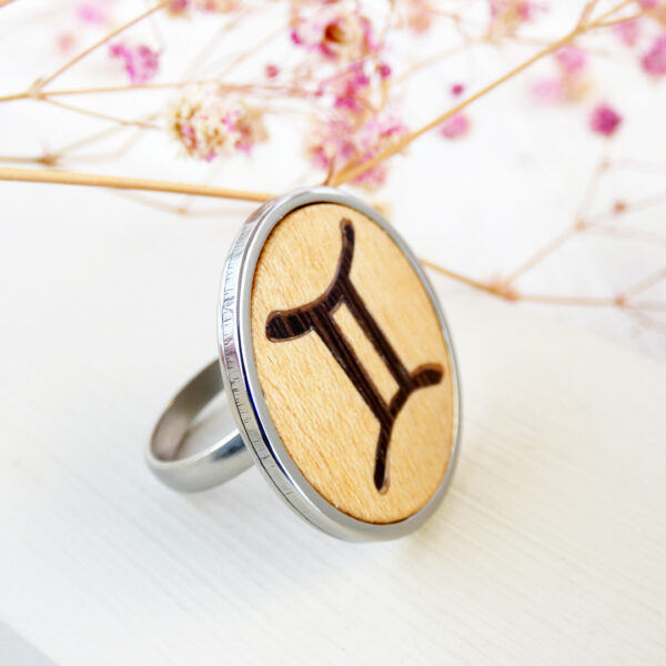 Handmade Gemini ring with natural sycamore wood and stainless steel