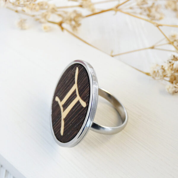 Wooden Gemini ring in dark wenge wood and stainless steel